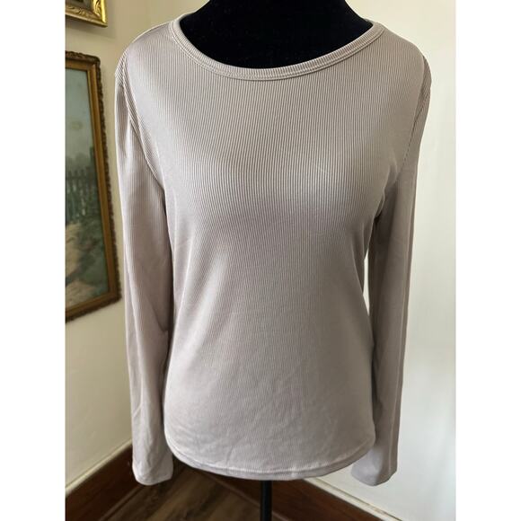 Imexn Tops - IMEXN Ribbed Long Sleeve Top Beige Neutral Stretch Knit Size Large